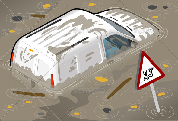 Isometric White Van Flooded in Rear View - Objects Vectors