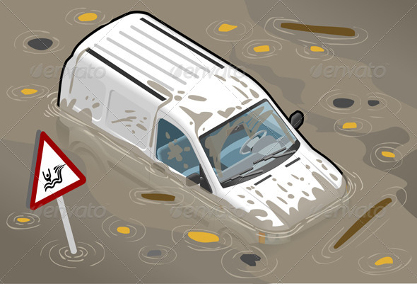 Isometric White Van Flooded in Front View - Objects Vectors