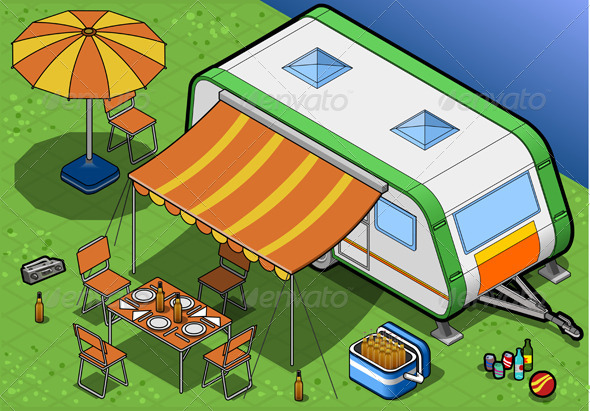 Isometric Roulotte in Camping in Front View - Objects Vectors
