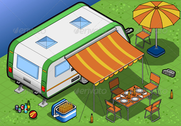 Isometric Roulotte in Camping in Rear View - Objects Vectors