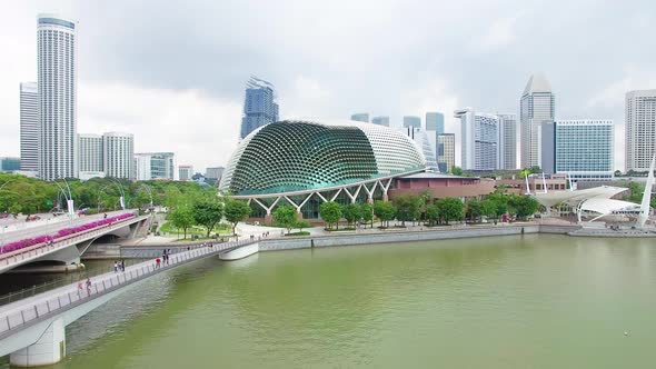 Aerial view of Esplanade - Theatres on the Bay and Esplanade Bridge. Singapore.