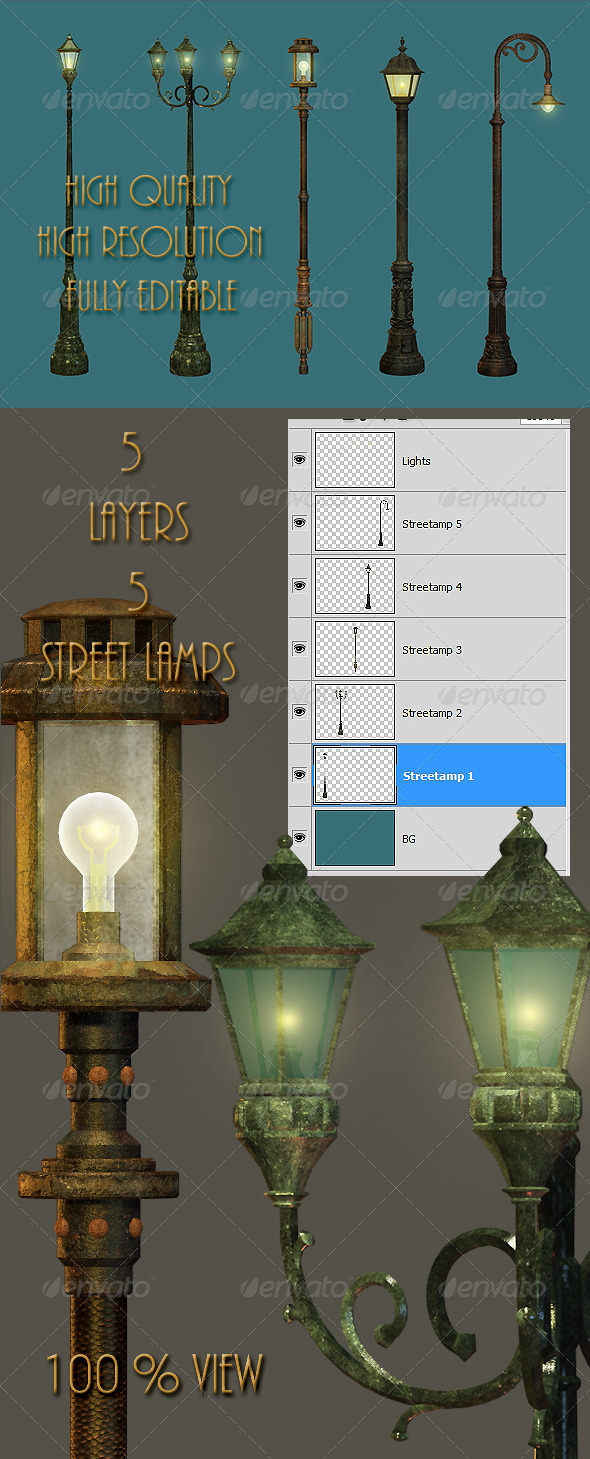 Five Street Lamps - Isolated Objects