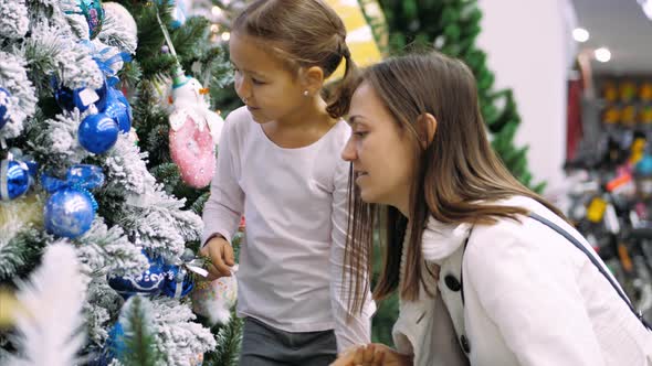 Young Mother and Little Daughter is Choosing a Christmas Tree in the Store