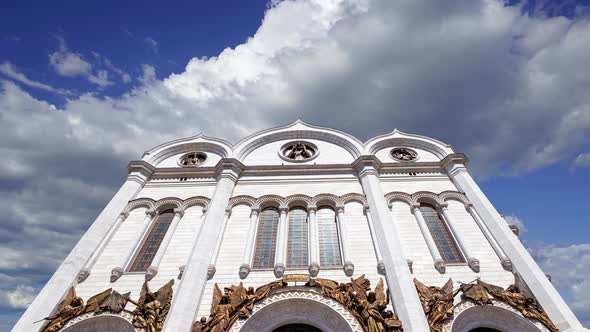 Christ the Savior Cathedral (day) against the moving clouds, Moscow, Russia