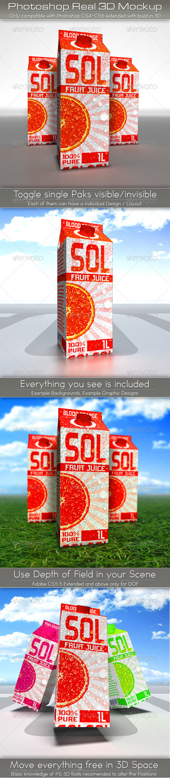 Large Juice or Milk Carton Pack Mockup | 3D Photoshop - Food and Drink Packaging
