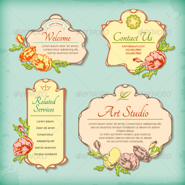 Set of Vintage Antique Styled Labels with Flowers - Borders Decorative