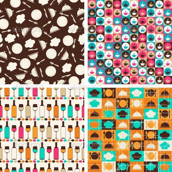 Seamless Retro Kitchen Pattern - Food Objects