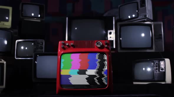 Retro TV turns on Color Bars and Noise over a Pile of Retro Tvs. alt