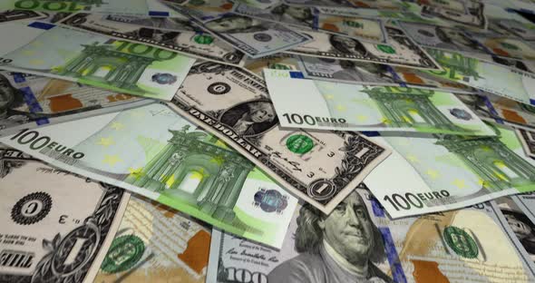 Dollar and Euro banknotes flying over money surface