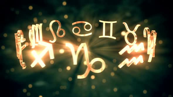 Rotating zodiac signs with pretty reflections on a dark background. Loopable. HD alt