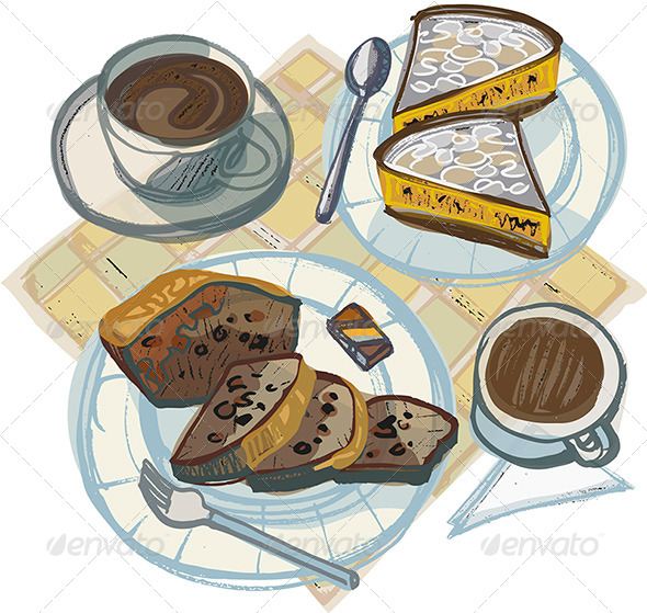 Two Coffees with Cakes and Chocolates - Food Objects
