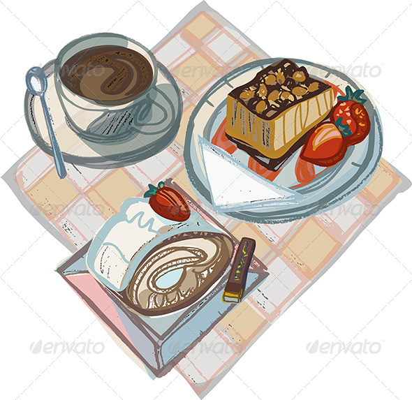 Coffee with Strawberry Cake, Swiss Gateau and Choc - Food Objects