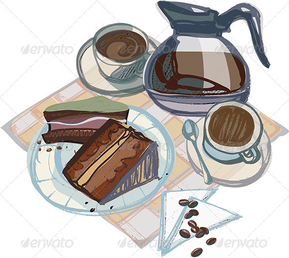 Cups of Coffee with Cakes and Coffee Pot - Food Objects