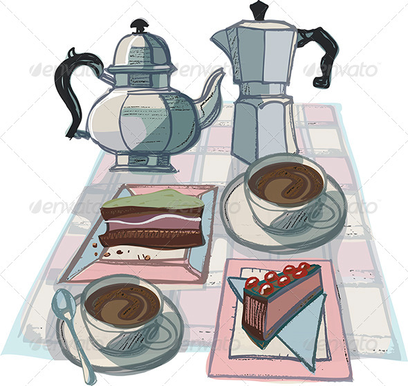 Coffee Pots, Cups of Coffee and Cakes - Food Objects