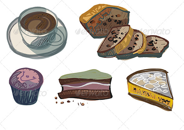 Cup of Coffee with Various Cakes - Food Objects