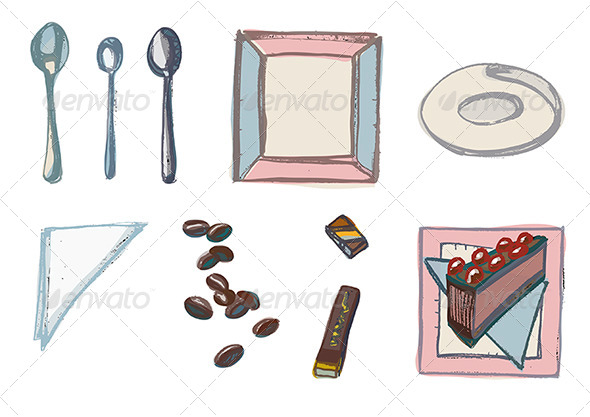 Teatime Elements, Spoons, Plates, Napkins, Coffee - Food Objects