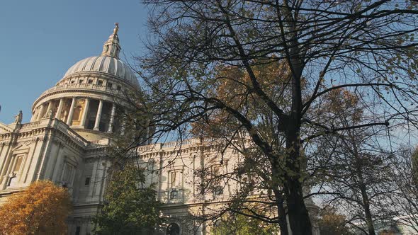 St Pauls Cathedral, a popular London tourist attraction and landmark on a bright blue sky day in Aut alt