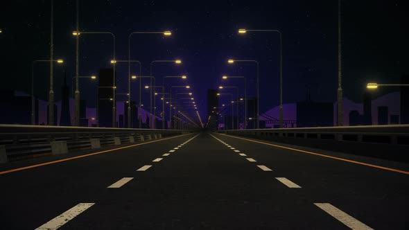 Driving POV On Empty 3D Rendered Stylized Road at Night with Cityscape Background Loop