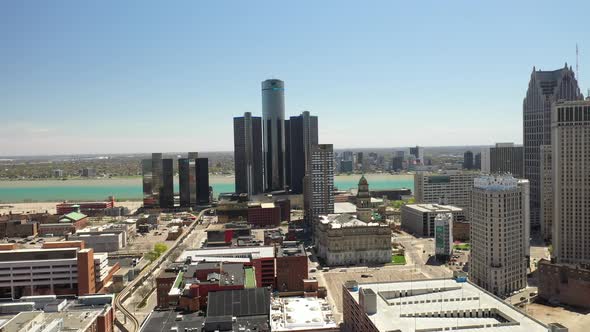 Renaissance Center, world headquarters of General Motors, in Detroit, Michigan with drone video movi alt