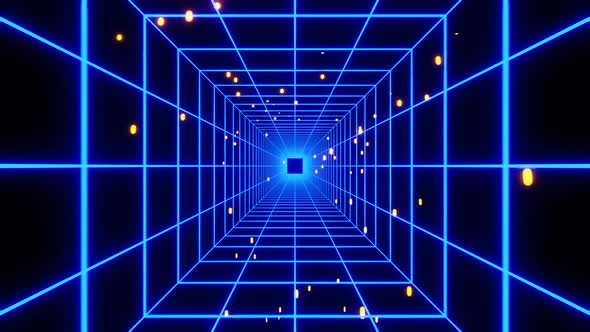 Square Tunnel of Blue Neon Lines and Falling Yellow Drop Particles and Darkness at the End