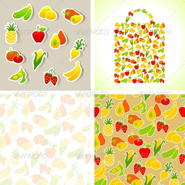 Set of Fruit and Vegetables Stickers and Patterns. - Food Objects