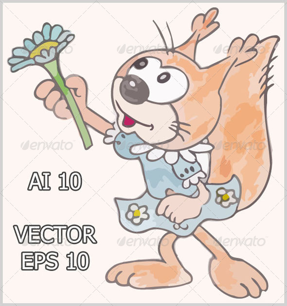 Squirrels with Flower (Hand-Drawing) - Animals Characters