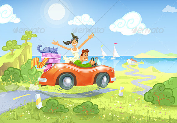 Driving to the Sea - People Illustrations