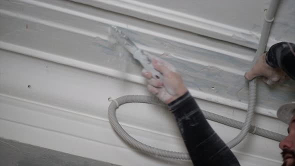 Fat Bearded Adult Man in Protective Helmet Remove Construction Whitewash Vintage High Ceiling alt