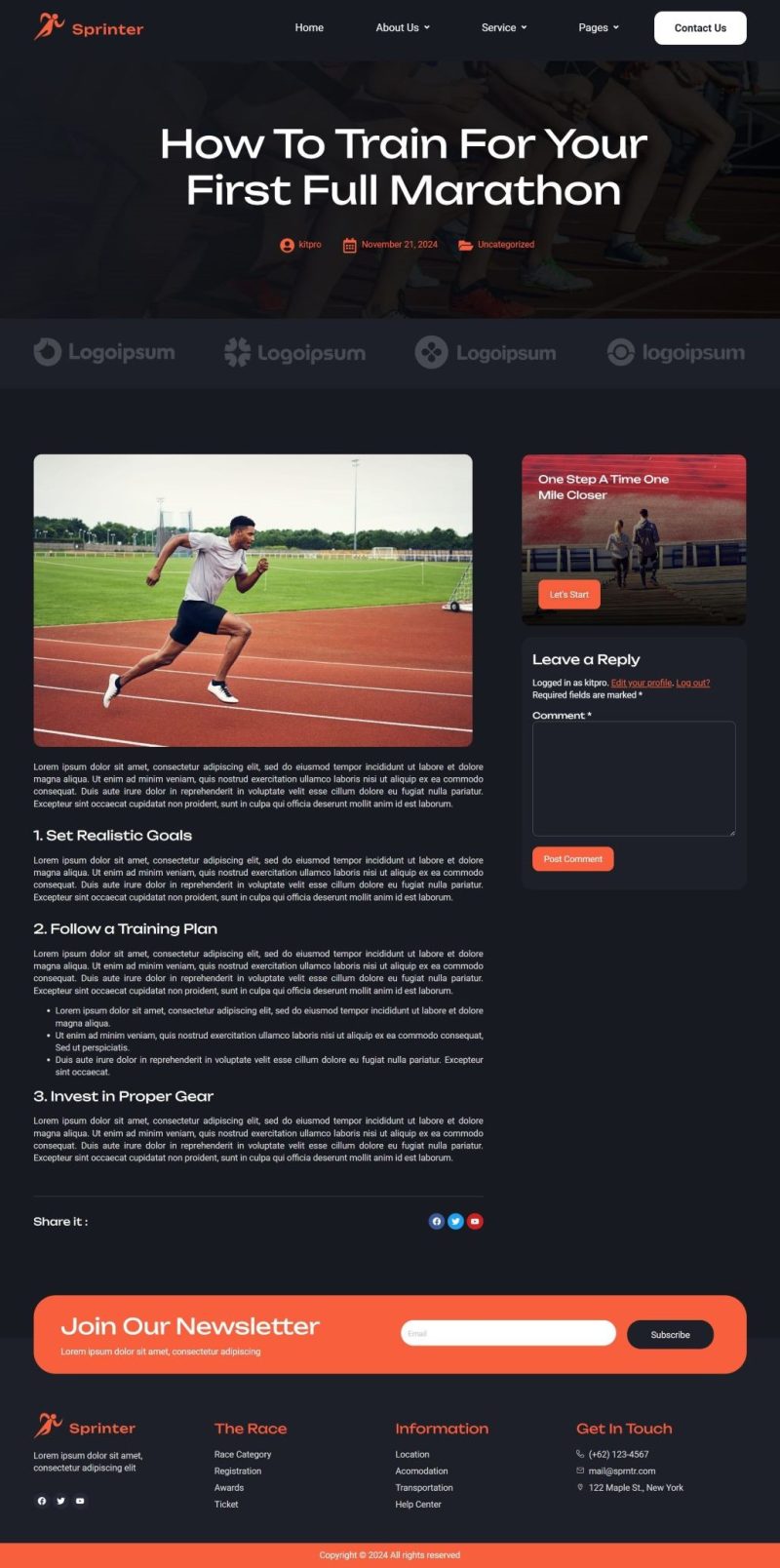 Sprinter Running Club Marathon Elementor Template Kit by Kitpro