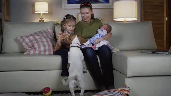 Mother Woman And Newborn Baby And Elder Daughter And Dog