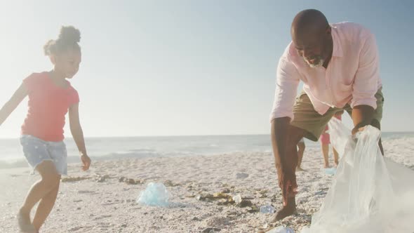 Senior african american couple with grandchildren segregating waste on sunny beach alt