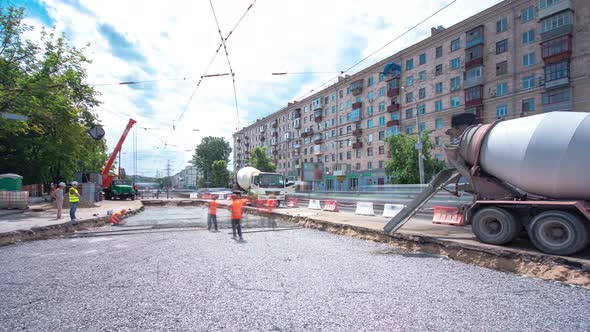 Road Construction Site with Tram Tracks Repair and Maintenance Timelapse alt