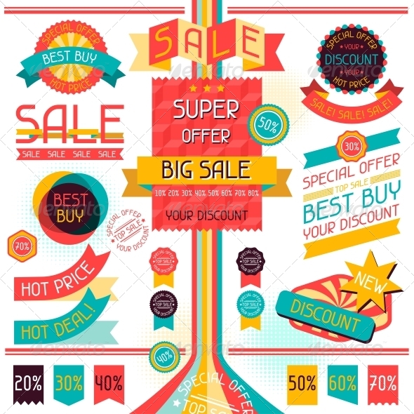 Set of Sale Labels and Stickers in Retro Stile. - Retail Commercial / Shopping