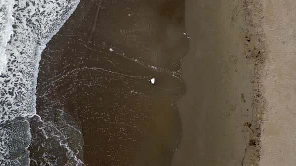 Unbelievable aerial drone flight bird's eye view drone shot wave coastline. A guy walk in the ocean. alt