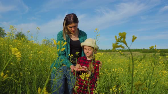 Farmer Family Scene of Mom and Toddler Girl in Fresh Rapeseed Field alt