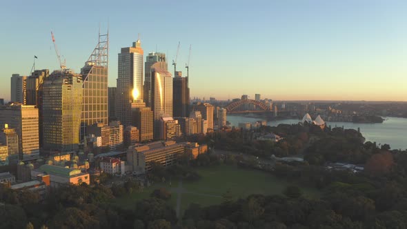 Aerial Top Down View Of Sydney Cbd During Dawn Sunshine