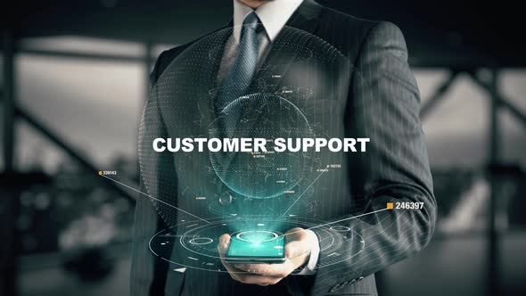 Businessman with Customer Support Hologram Concept alt
