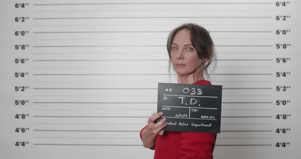 Side Profle Mugshot of Woman in Middle 40s Turning Head While Holding Sign and Posing for Photo alt