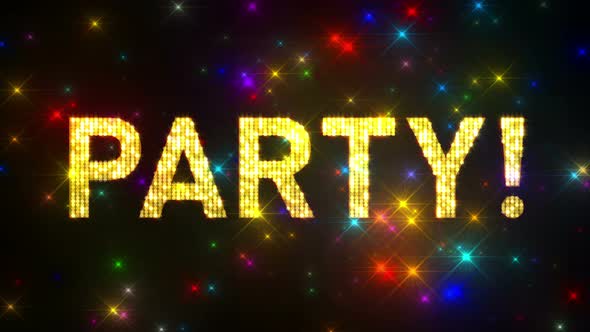 Looping PARTY! Marquee over Glitter Multicolored Star Background