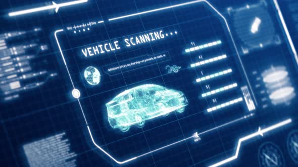 Blue HUD driving vehicle car specification scanning in pixels display background. Tilt angle camera