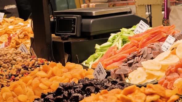 Counter with Various Dried Fruits on the Grand Bazaar in Istanbul Turkey alt