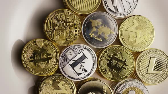 Rotating shot of Bitcoins  alt