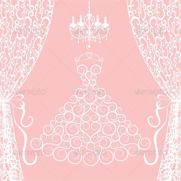 Wedding Card with Dress, Curtains and Chandelier - Man-made Objects Objects