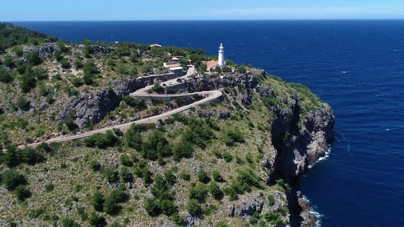 Aerial View of Cap Gros Lighthouse Located on a Cliff in the Vicinity of Port Soller, Mallorca