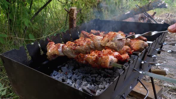 Skewers on Skewers Are Prepared on the Grill. Raw Meat Cooked on Charcoal Grill alt