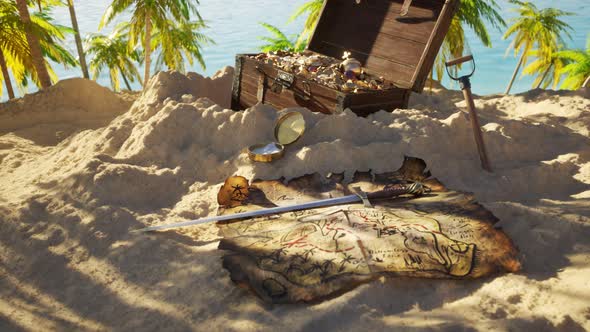 Old, worn handmade treasure map on tropical beach sand near the dig site. 4KHD alt