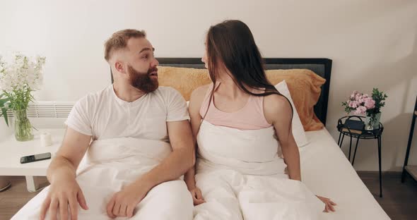 Cute Couple Overslept, Panicking and Screaming with Big Eyes, Funny Man and Woman Waking Up