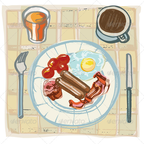 Fried Breakfast on Table with Coffee and Orange Ju - Food Objects