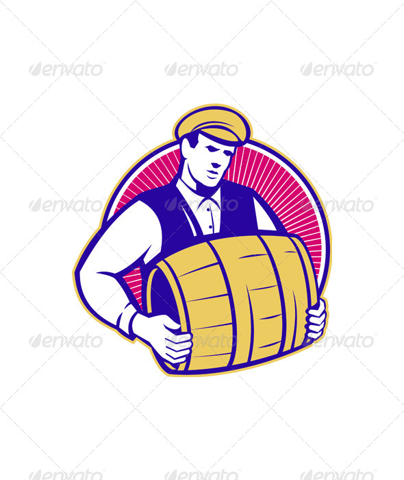 Bartender Carrying Beer Keg Retro - People Characters