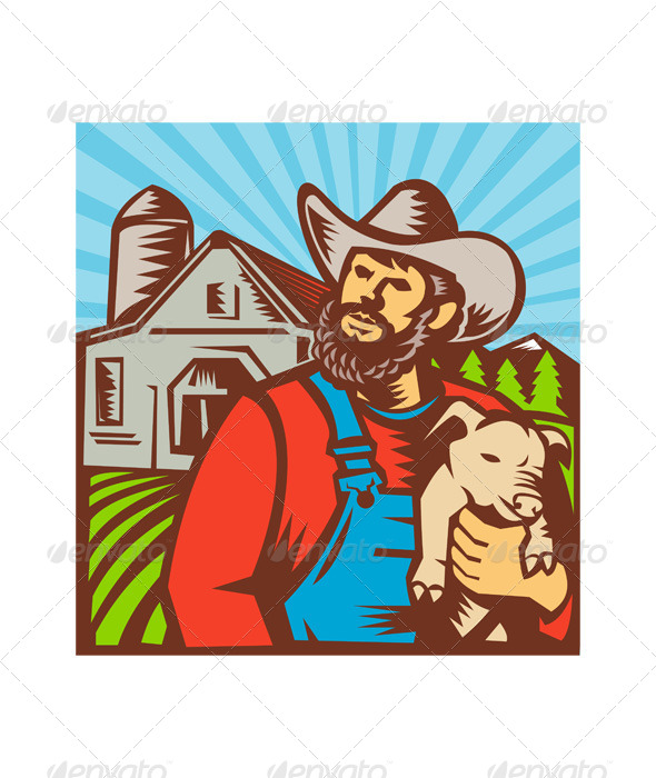 Pig Farmer Holding Piglet Barn Retro - People Characters